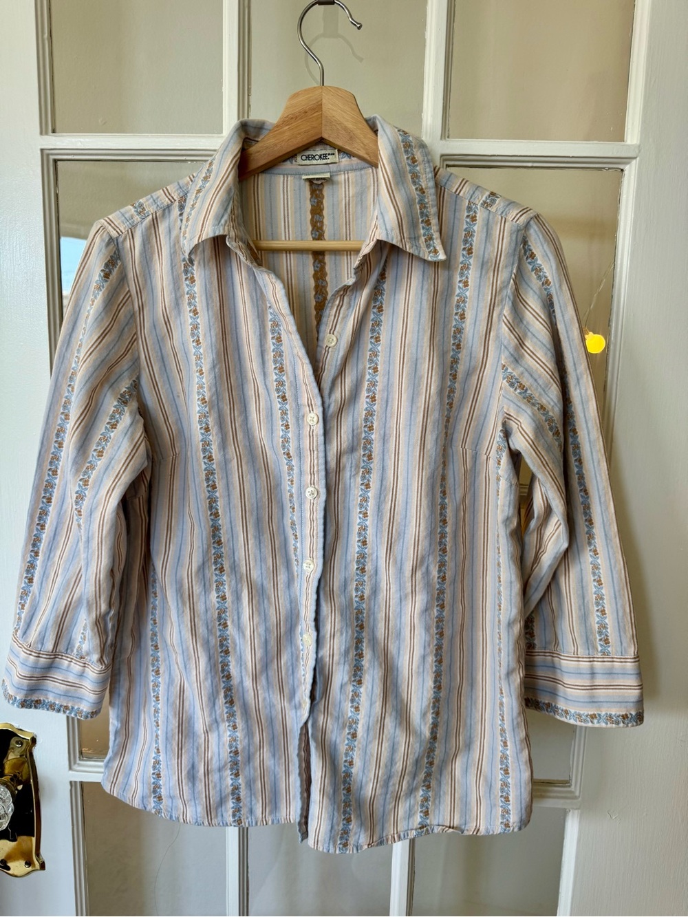 Cherokee Light Floral Vertical Striped Collared Button-Down Grandma Cottagecore